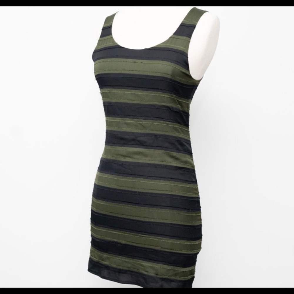 Alice + Olivia. Silk green and black stripped mini dress. Size 2.